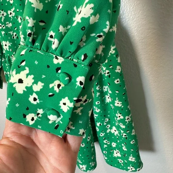 Karl Lagerfeld Paris Size-4 Green Floral Shirt Dress Long Sleeve Ruffle Zip - Picture 12 of 16